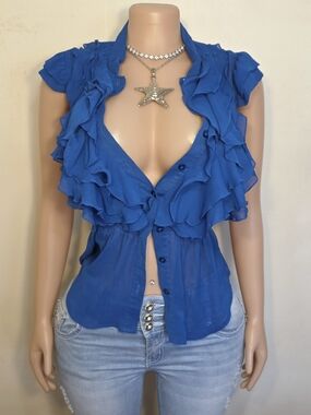 Miley Cyrus × Max Azria Royal Blue Ruffled Button-Front Blouse